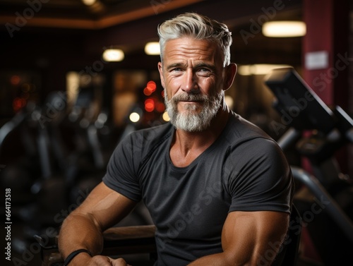 A mature man with silver hair and beard sits confidently in a gym, surrounded by exercise equipment. He wears a gray t-shirt, displaying toned arms, fitness instructor, 