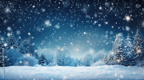 Snow-covered trees, starry skies, and gentle snowfall create a dreamy and enchanting atmosphere, serene and beautiful winter, holiday season, calmness, and tranquility, winter background, copy space © DigitalArt