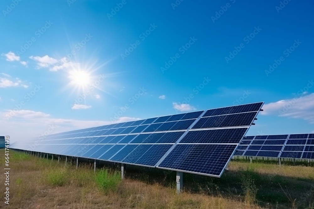 Solar power station generating electric power with solar panels under a blue sky. Technology and electrical industrial plant concept. Generative AI