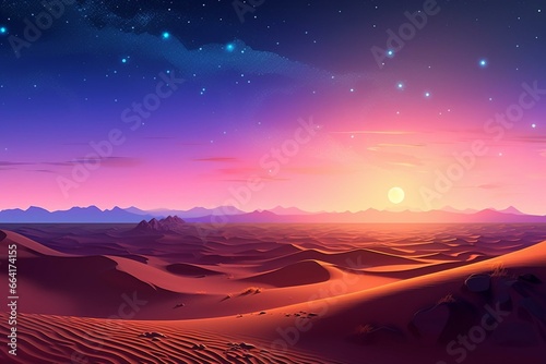 A picturesque desert landscape with rolling sand dunes and a beautiful sunrise background against a warm gradient starry sky. Generative AI