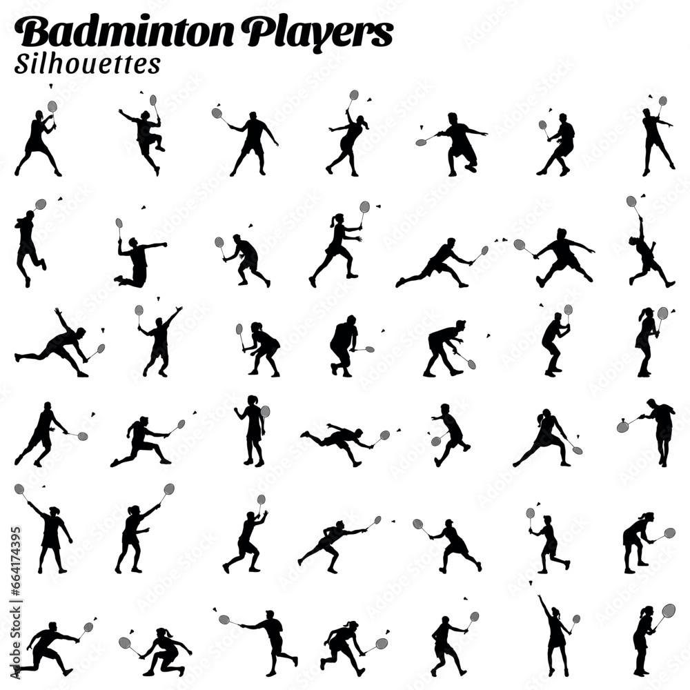 Set of badminton players vector silhouettes.