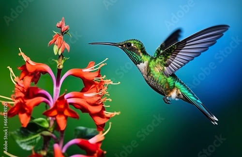 Hummingbird bird flying next to a beautiful red flower with rain. © ABGoni
