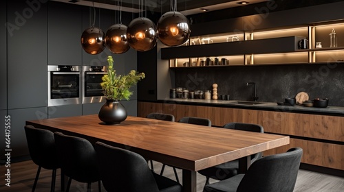 Dark and modern kitchen with black furniture, wooden details and ceiling lamps