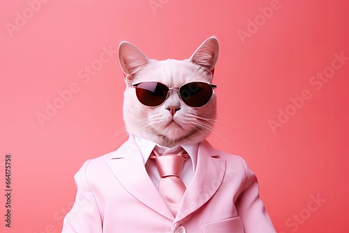 A cat is wearing sunglasses and suit on Pink Background.