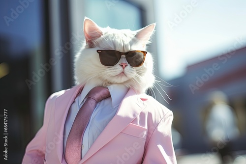 A cat is wearing sunglasses, suit and standing on street.