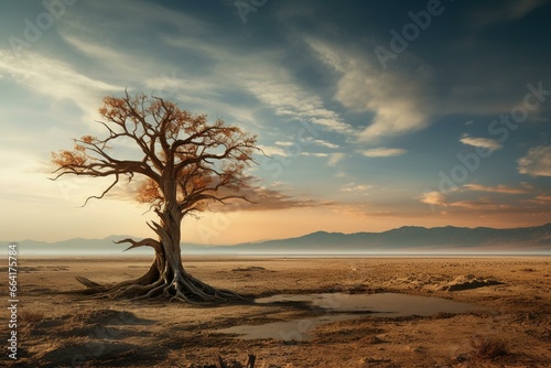 An image depicting the last tree standing amidst a desolate landscape. Generative AI