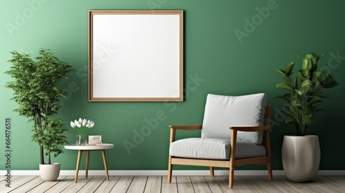 Elegant living room interior design with mockup poster frame, modern frotte armchair, wooden commode and stylish accessories. Green eucalyptus wall. Template. Copy space.