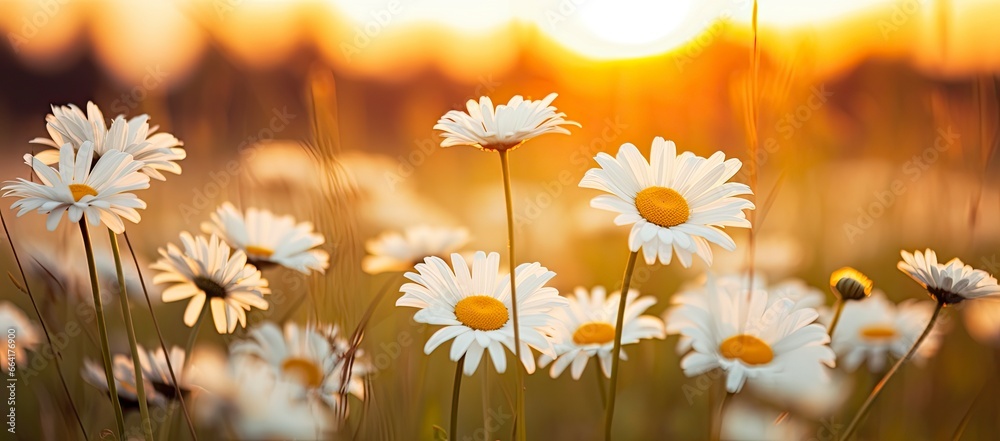 The landscape of white daisy blooms in a field with the focus.