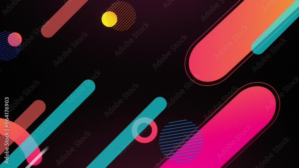 Animation of multi coloured abstract shapes moving over black background