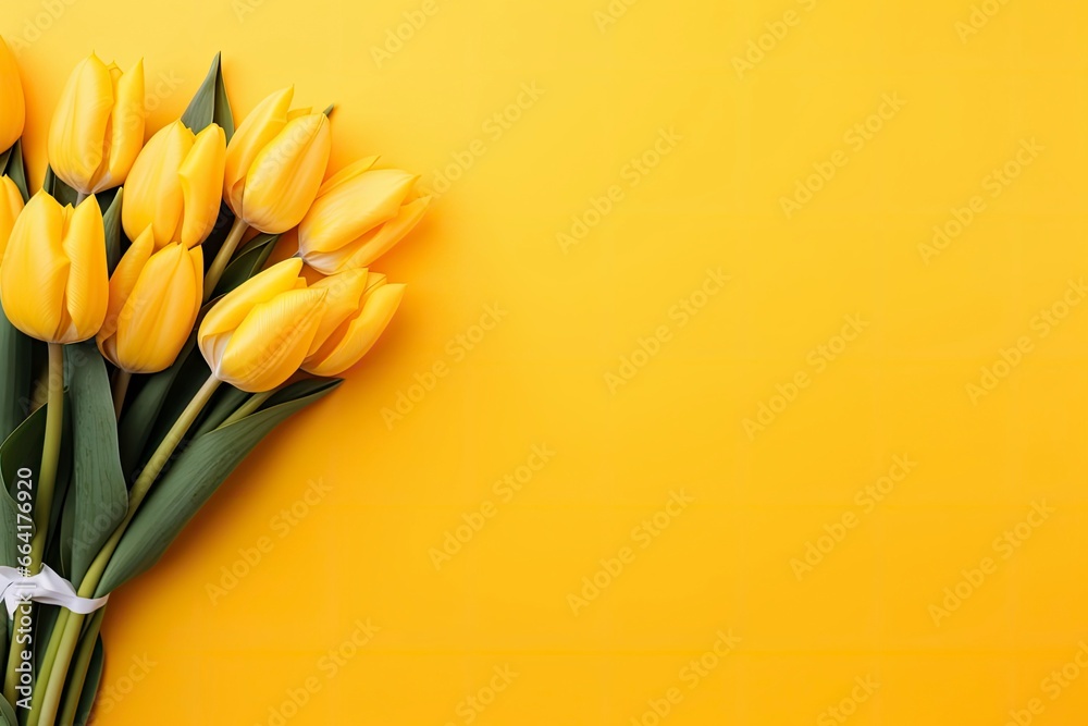 Top view design of holiday greeting tulip flower bouquet on bright yellow Background. Top view design of holiday greeting tulip flower bouquet on bright yellow Background.