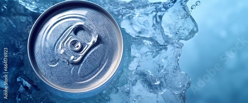Top of drink tin can iced submerged in frost ice, metal aluminum beverage. photo