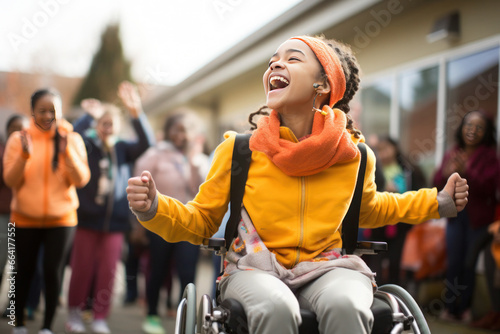 A girl with physical disabilities, seated in her wheelchair, celebrates a victory with enthusiastic gestures. She is overjoyed, either for herself or someone else. photo