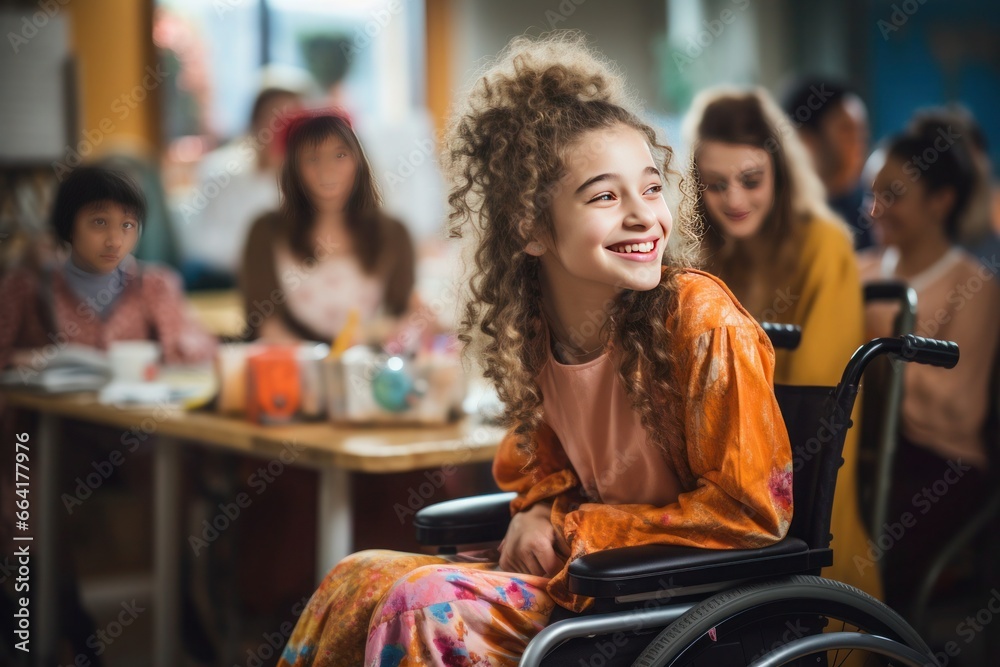 A dreamy schoolgirl with wavy hair smiles happily while looking at someone. She is sitting in a wheelchair in a school cafeteria.