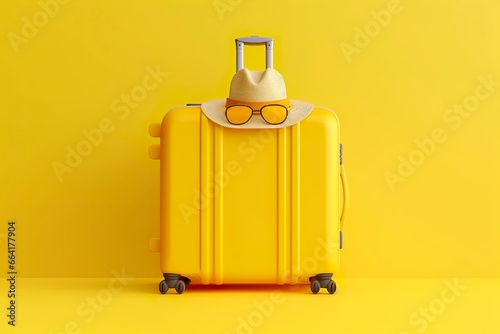 Yellow suitcase with sun glasses and hat on yellow background. travel concept.