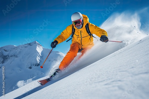 Skier Skiing On Mountain Slope. © ABGoni