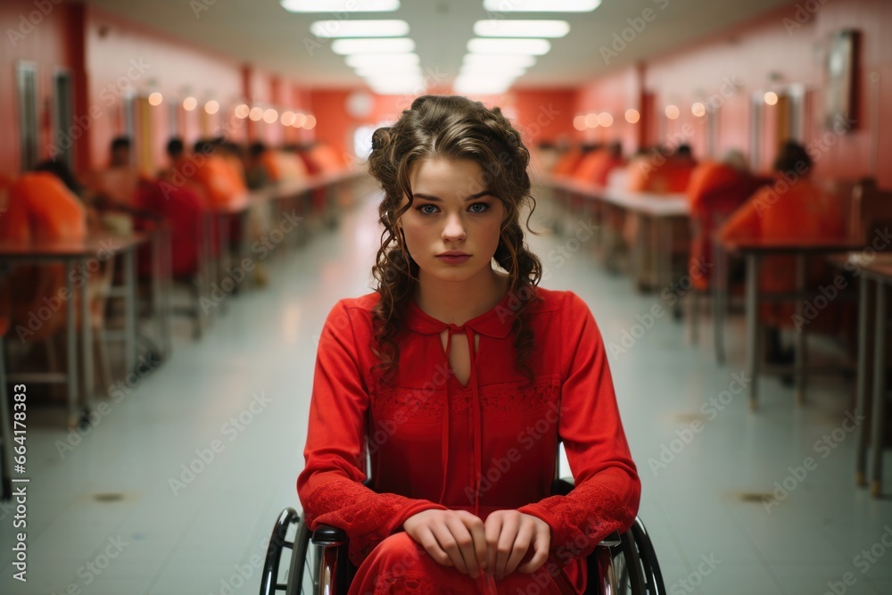 Obraz premium girl in a red dress with a stern expression is sitting in a wheelchair in a corridor amidst tables where people are eating.