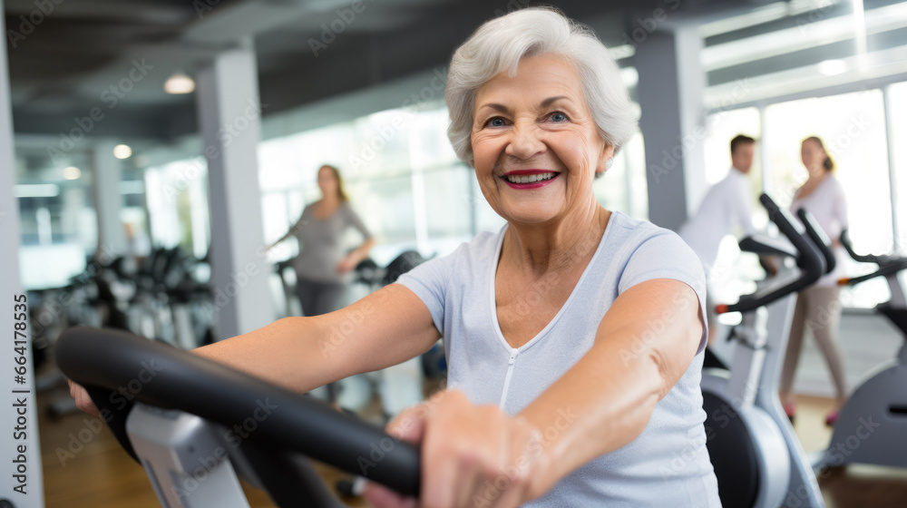 Older woman smiling while exercising at the gym to stay healthy in her senior years Older woman smiling while exercising at the gym to stay healthy in her senior years