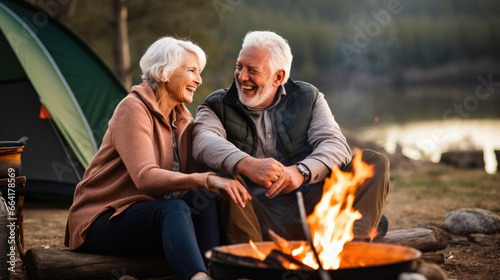 Senior retired couple laughing and talking while cuddling by a campfire in the outdoors photo