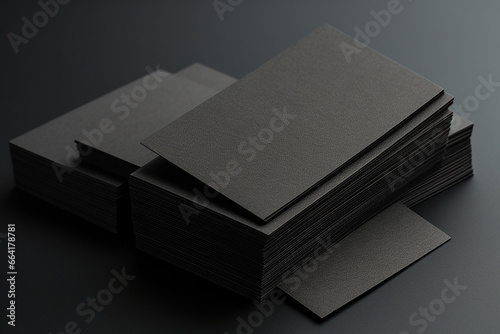 The stack of simple and luxury black paper business cards isolated in a dark black background. Generative AI.