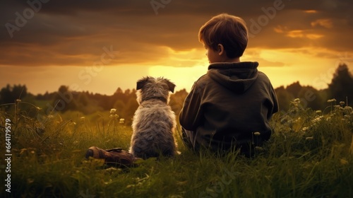 friendship concept picture of a boy and a dog relaxing at a natural green field sunset.