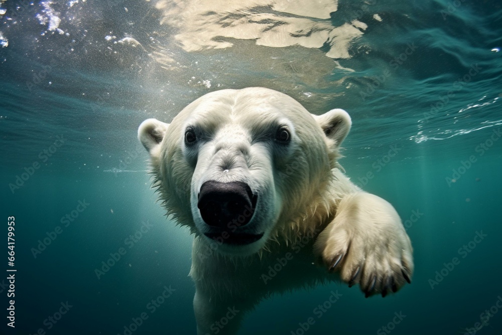 A polar bear gracefully swims beneath the ocean surface. Generative AI