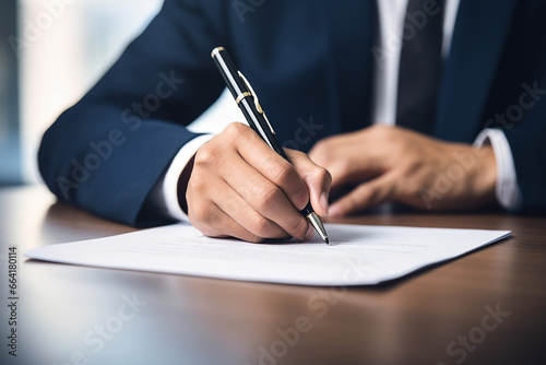 The close up detail of a businessman's hand in a neat suit is signing with a luxury ballpoint pen on a document paper in an office. Generative AI.