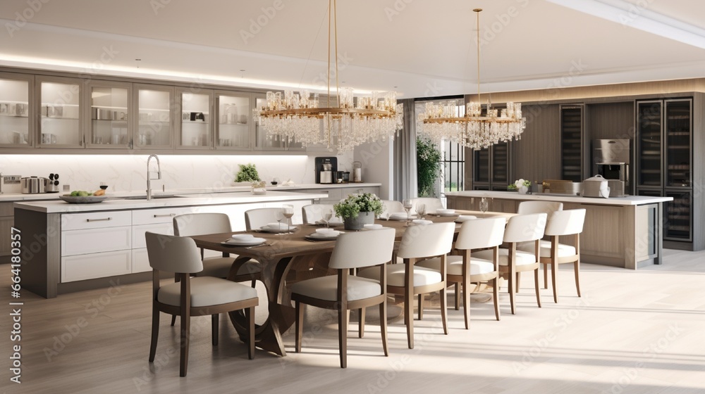 Interior of spacious light dining room and elegant chandelier located near kitchen with modern furniture and appliances