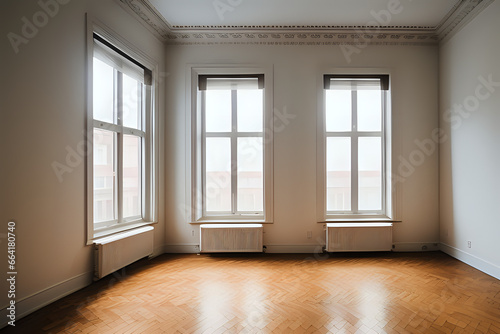 window in empty room, old apartment building with parquet floor. empty room with windows