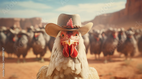 A chicken in a cowboy hat and lasso,  herding cattle in the Old West photo