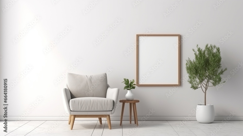 Interior poster mock up living room with armchair on empty white wall background,3D rendering Interior poster mock up living room with armchair on empty white wall background,3D rendering