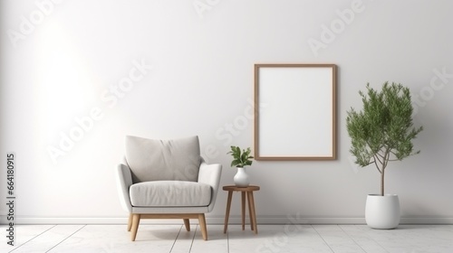 Interior poster mock up living room with armchair on empty white wall background,3D rendering © Faheem