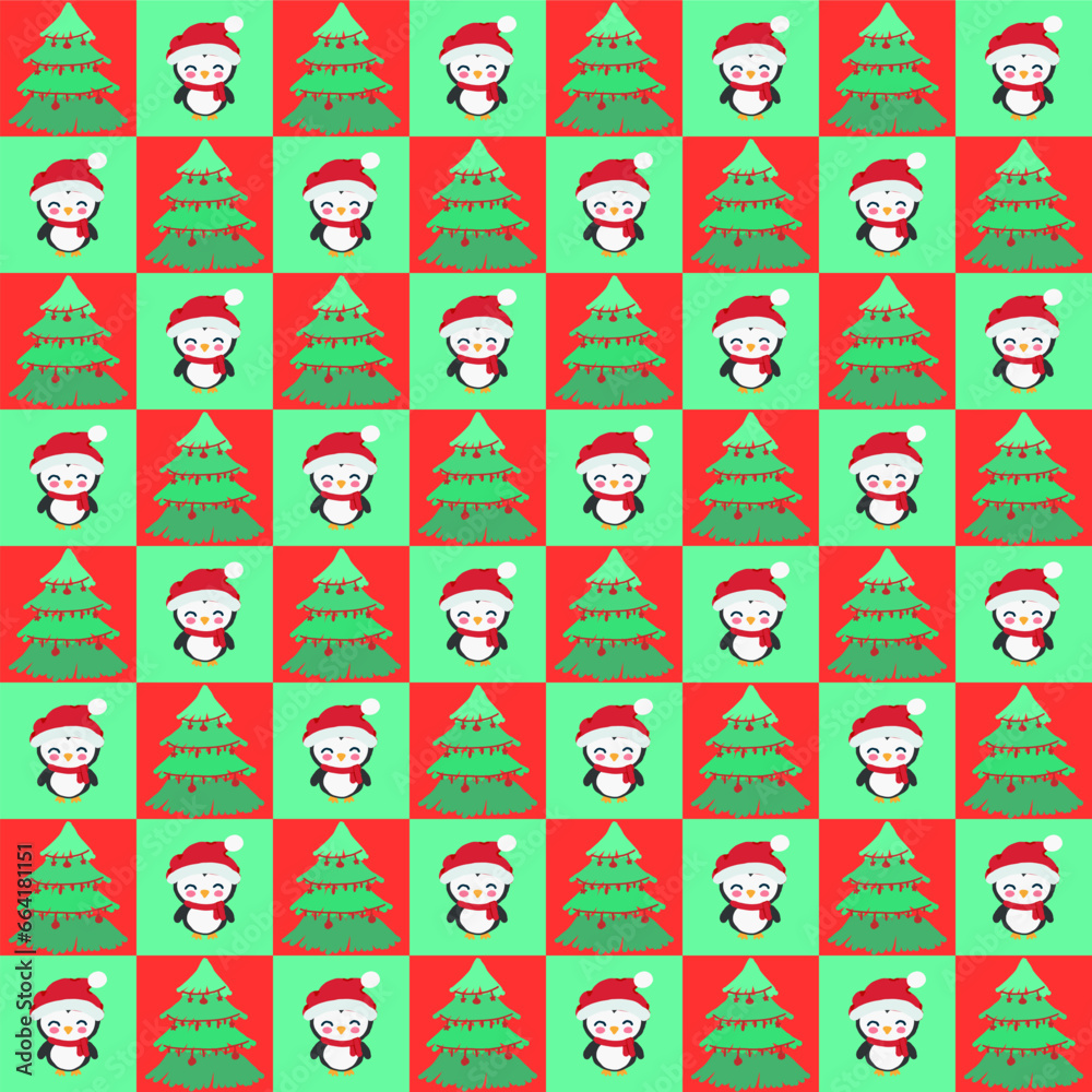 penguin with santa hat and christmas tree on green red pattern background penguin with santa hat and christmas tree on green red pattern background