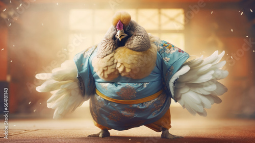 A chicken in a sumo wrestlers mawashi,  ready for a match photo