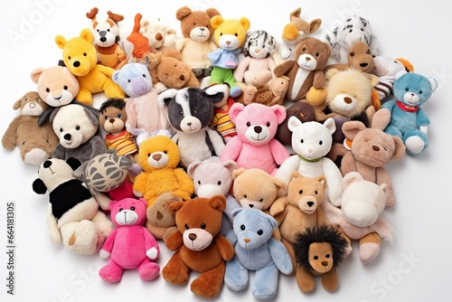 Composition of various plush toys, creatively arranged. Isolated on a white background with copy space. Top view. Generative AI