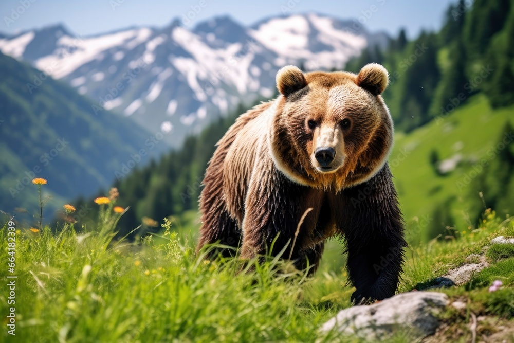 Brown bear moving on the green meadow in springtime nature. Brown bear moving on the green meadow in springtime nature.