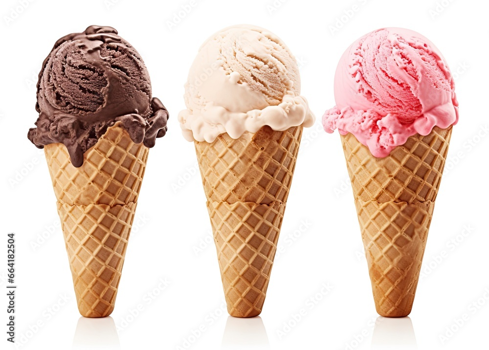 Chocolate, vanilla and strawberry Ice cream in the cone on white background. Chocolate, vanilla and strawberry Ice cream in the cone on white background.