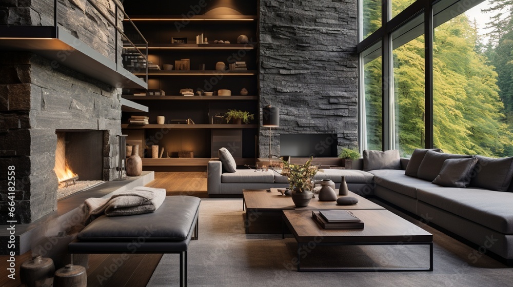 Living room interior in gray and brown colors features gray sofa atop dark hardwood floors facing stone fireplace with built-in shelves. Northwest, USA