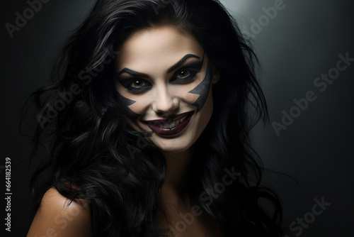 Beauty, fashion, make-up, Halloween concept. Beautiful brunette woman with joker makeup on her face looking at camera
