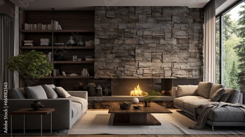 Living room interior in gray and brown colors features gray sofa atop dark hardwood floors facing stone fireplace with built-in shelves. Northwest, USA