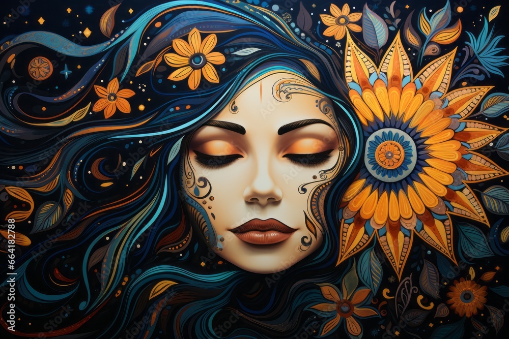 Illustration of a boho style woman with a sunflower in her hair, captured in a stunning painting created with Generative AI technology