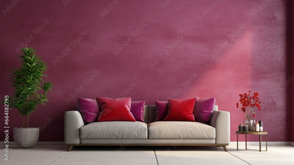 Living room in trend viva magenta color 2023 year. A bright sofa accent. Plaster microcement wall background. Crimson, burgundy, tones of room interior design. Beige taupe stucco texture. 3d render Living room in trend viva magenta color 2023 year. A bright sofa accent. Plaster microcement wall background. Crimson, burgundy, tones of room interior design. Beige taupe stucco texture. 3d render