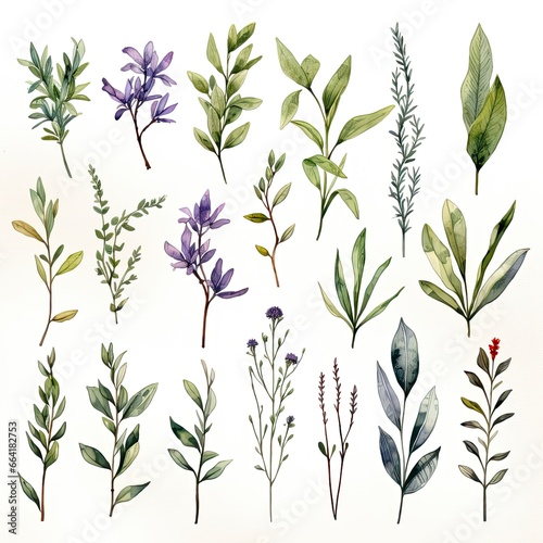 Collection of watercolor herbs clipart on white background.