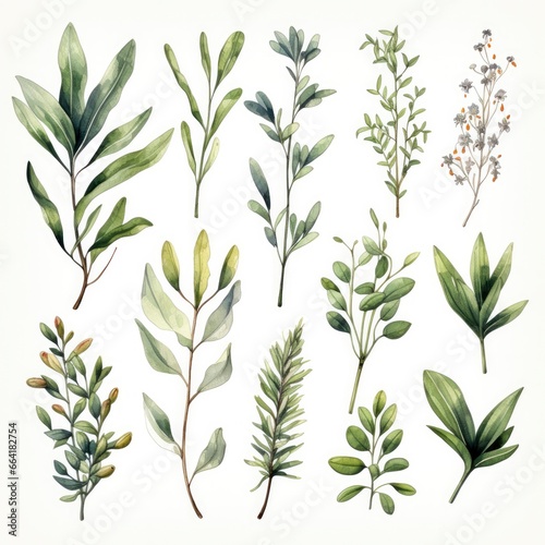 Collection of watercolor herbs clipart on white background.