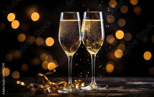 Two glasses of champagne with golden confetti and warm gold bokeh at the background, New Years Eve party poster.