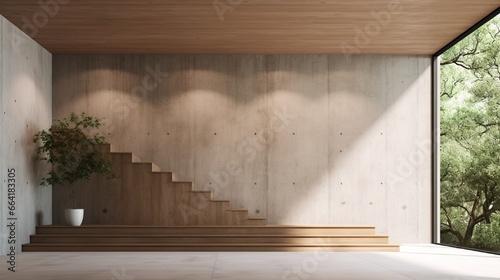 Modern contemporary loft empty room with nature view 3d render There are wooden stair plank wall and ceiling and blank concrete wall for copy space