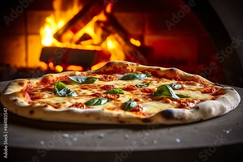 Freshly baked pizza closeup, traditional wood fired oven background. © Anny