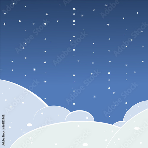 Winter background with snowdrifts and falling snow against the blue sky. Banner with snowy hills, blue sky and snowflakes. Background for Christmas winter banner.
