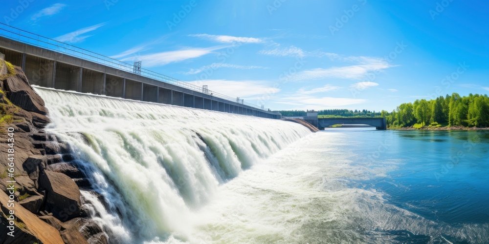 Hydroelectric dam generating green energy from flowing water.