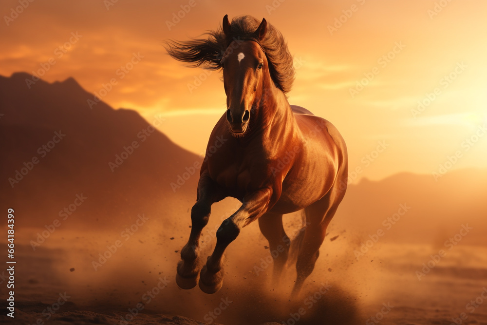 Nature, landscape and animals concept. Majestic wild horse galloping through desert