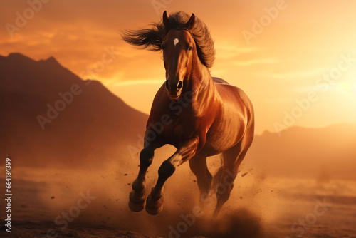 Nature  landscape and animals concept. Majestic wild horse galloping through desert